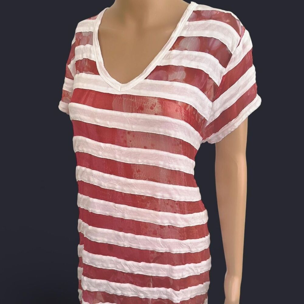 Studio Red and White Striped Blouse L Short Sleeve Viscose